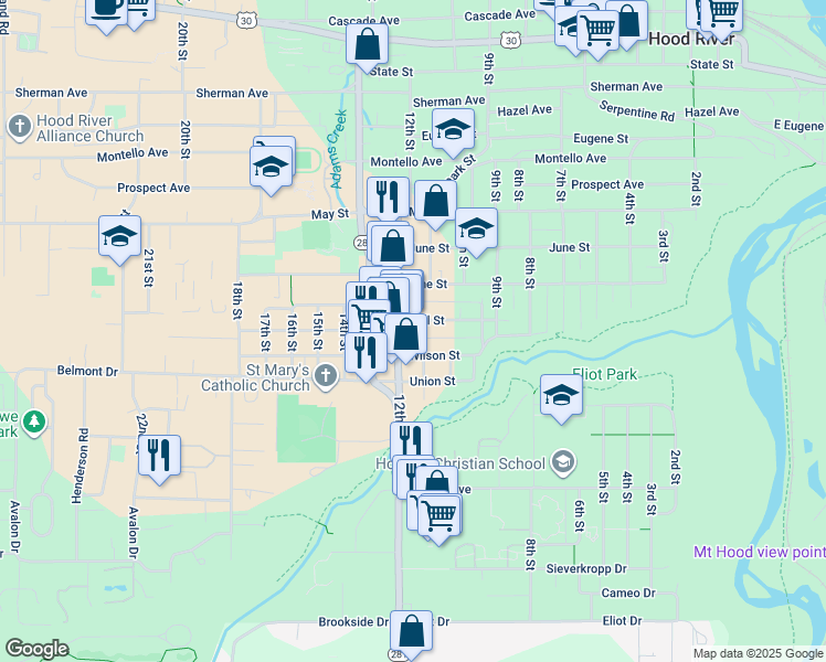map of restaurants, bars, coffee shops, grocery stores, and more near 1028 Wilson Street in Hood River