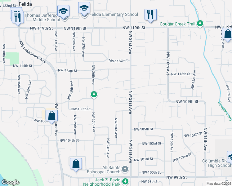 map of restaurants, bars, coffee shops, grocery stores, and more near 2220 Northwest 110th Circle in Vancouver