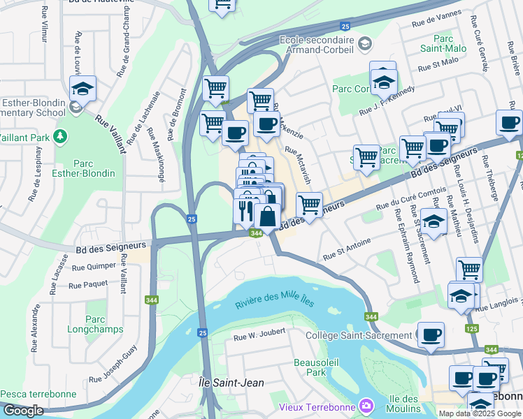 map of restaurants, bars, coffee shops, grocery stores, and more near 1030 Boulevard Moody in Terrebonne