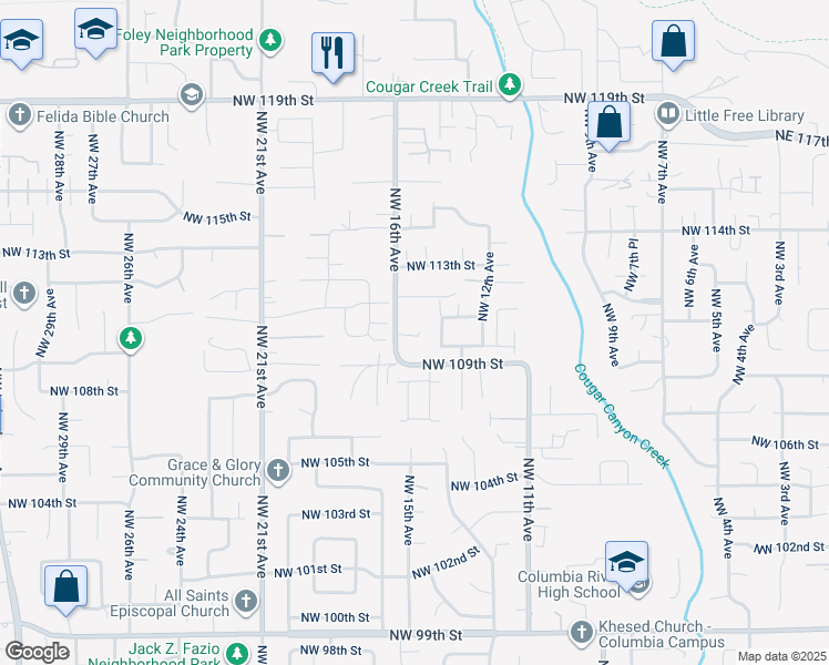 map of restaurants, bars, coffee shops, grocery stores, and more near 1504 Northwest 109th Street in Vancouver