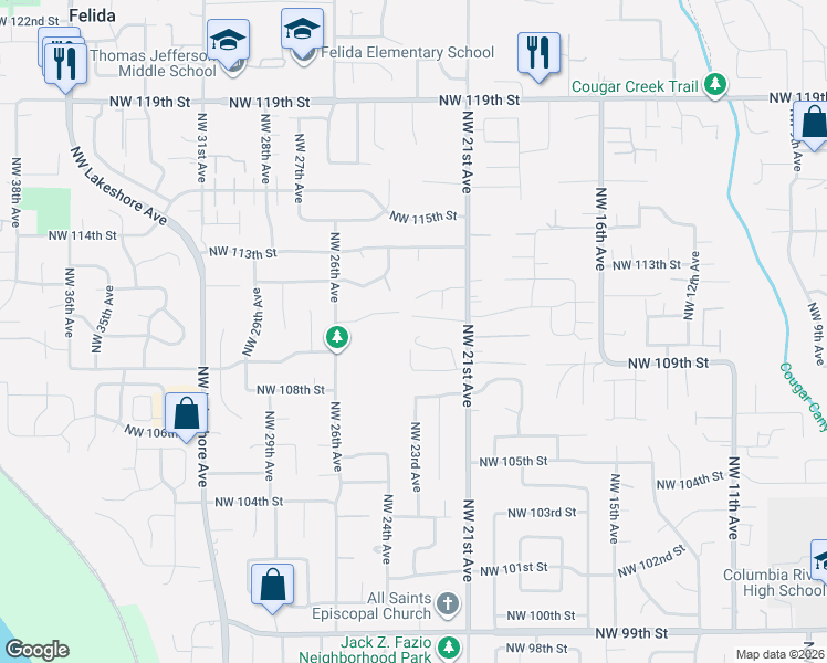 map of restaurants, bars, coffee shops, grocery stores, and more near 10908 Northwest 23rd Avenue in Vancouver