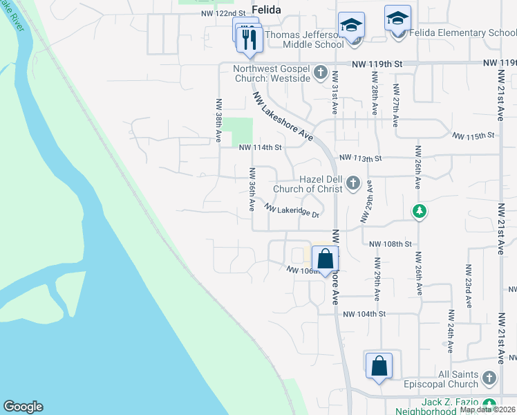 map of restaurants, bars, coffee shops, grocery stores, and more near 10912 Northwest 35th Avenue in Vancouver
