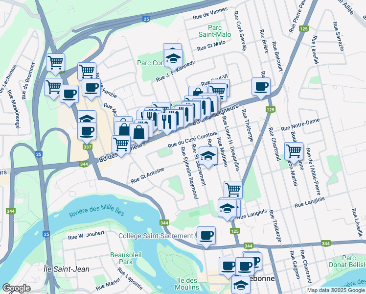 map of restaurants, bars, coffee shops, grocery stores, and more near 877 Rue Ephraim Raymond in Terrebonne