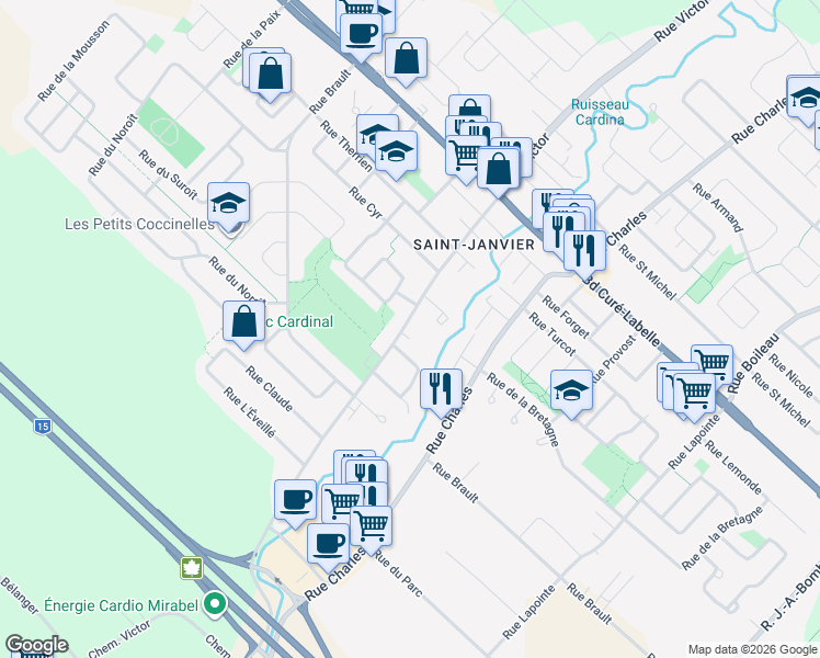 map of restaurants, bars, coffee shops, grocery stores, and more near 17670 Rue Victor in Mirabel