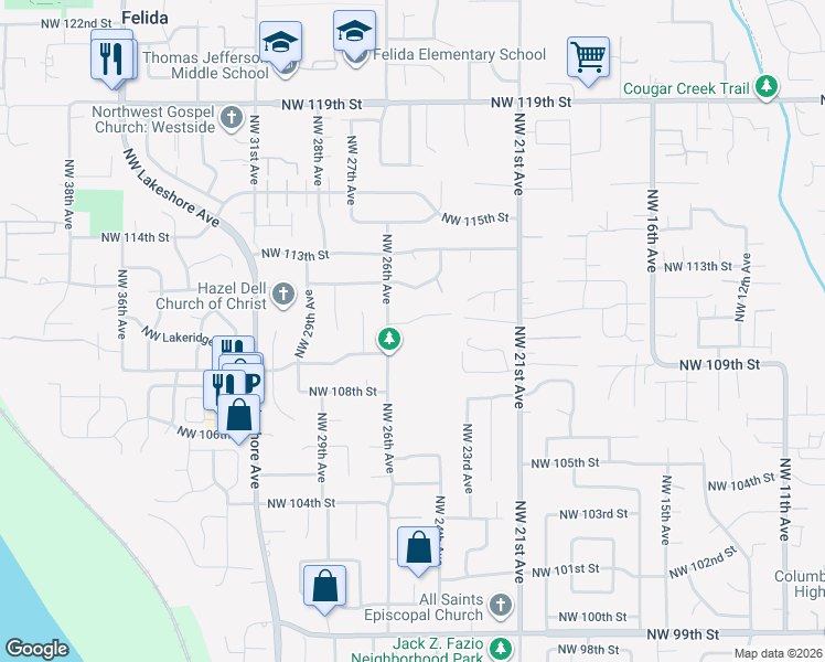 map of restaurants, bars, coffee shops, grocery stores, and more near 10909 Northwest 26th Avenue in Vancouver