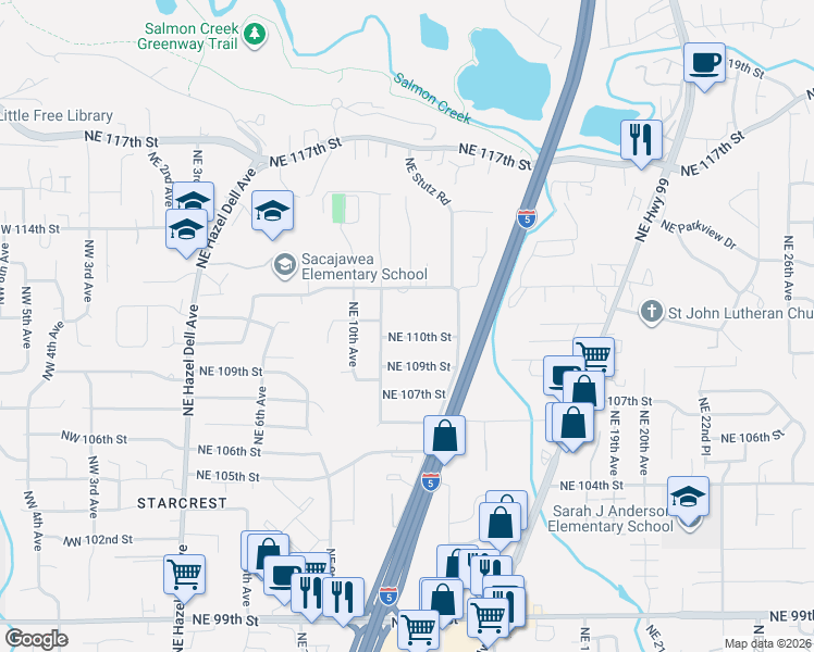 map of restaurants, bars, coffee shops, grocery stores, and more near 1110 Northeast 110th Street in Vancouver