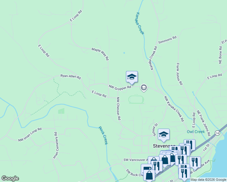 map of restaurants, bars, coffee shops, grocery stores, and more near 600 Northwest Gropper Road in Stevenson