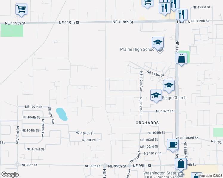 map of restaurants, bars, coffee shops, grocery stores, and more near 10716 Northeast 109th Street in Vancouver