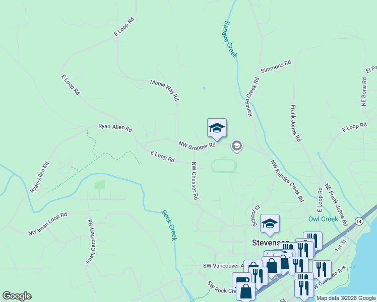 map of restaurants, bars, coffee shops, grocery stores, and more near 461 Northwest Chesser Road in Stevenson
