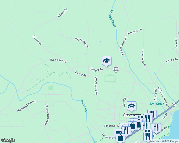 map of restaurants, bars, coffee shops, grocery stores, and more near 494 Maple Way Road in Stevenson