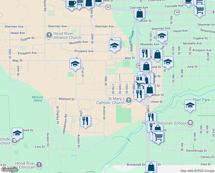 map of restaurants, bars, coffee shops, grocery stores, and more near 1714 B Street in Hood River