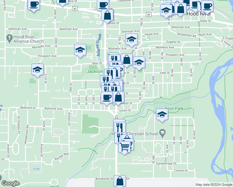 map of restaurants, bars, coffee shops, grocery stores, and more near 1211 Hull Street in Hood River