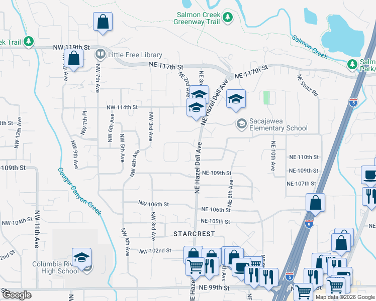 map of restaurants, bars, coffee shops, grocery stores, and more near 115 Northwest 111th Loop in Vancouver