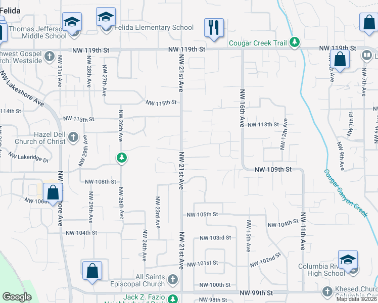 map of restaurants, bars, coffee shops, grocery stores, and more near 10907 Northwest 21st Avenue in Vancouver