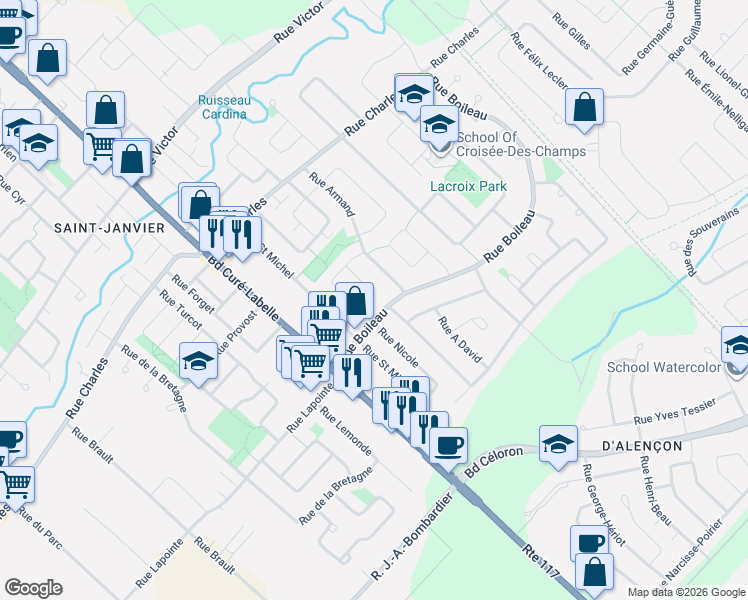 map of restaurants, bars, coffee shops, grocery stores, and more near 18258 Rue de la Promenade in Mirabel