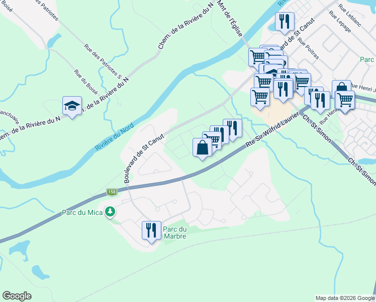 map of restaurants, bars, coffee shops, grocery stores, and more near 13545 Rue du Charretier in Mirabel