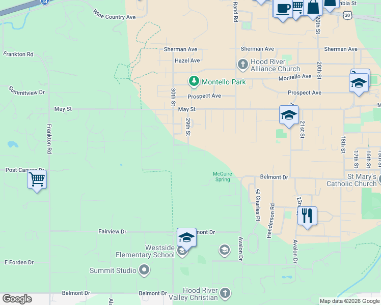 map of restaurants, bars, coffee shops, grocery stores, and more near 1229 29th Street in Hood River