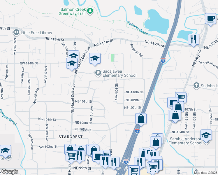 map of restaurants, bars, coffee shops, grocery stores, and more near 11010 Northeast 8th Avenue in Vancouver