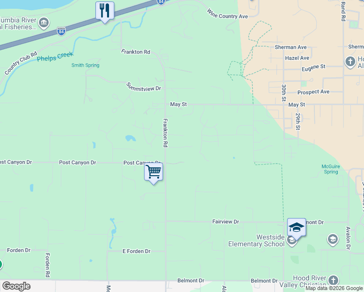 map of restaurants, bars, coffee shops, grocery stores, and more near Carr Drive in Hood River