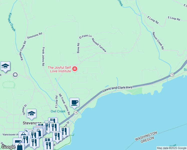map of restaurants, bars, coffee shops, grocery stores, and more near 270 Northeast Columbia View Avenue in Stevenson