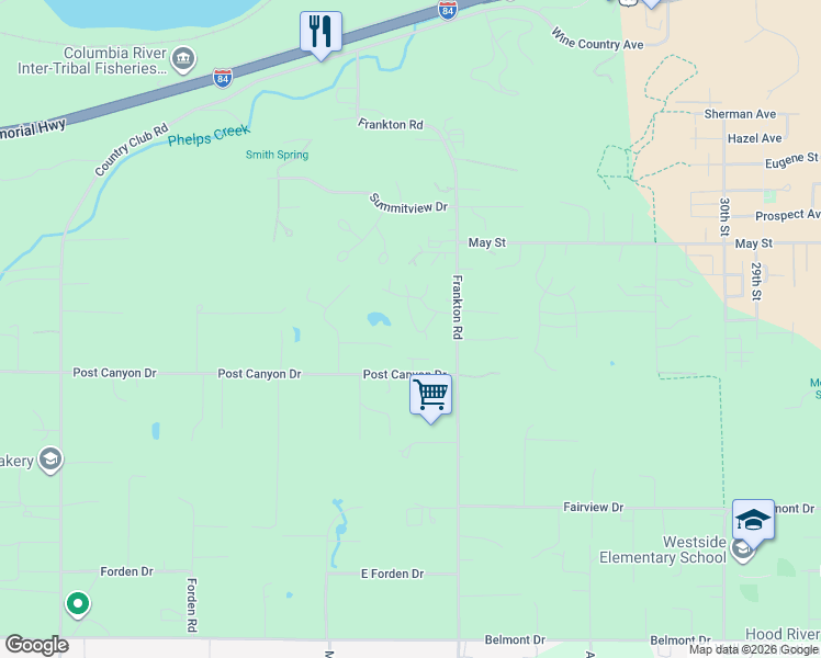 map of restaurants, bars, coffee shops, grocery stores, and more near 570 Toms Drive in Hood River