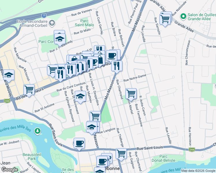 map of restaurants, bars, coffee shops, grocery stores, and more near 670 Montée Masson in Terrebonne