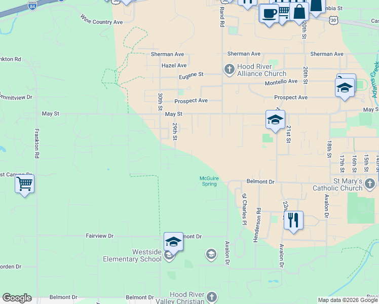 map of restaurants, bars, coffee shops, grocery stores, and more near 2850 Cottage Lane in Hood River