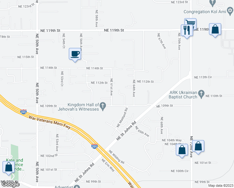 map of restaurants, bars, coffee shops, grocery stores, and more near 11100 Northeast 61st Court in Vancouver