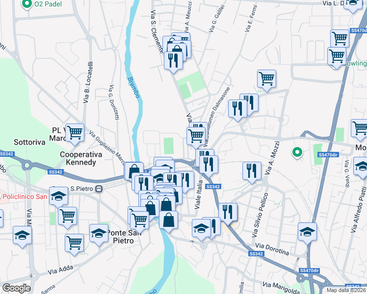 map of restaurants, bars, coffee shops, grocery stores, and more near 10 Via Galizzi in Ponte San Pietro