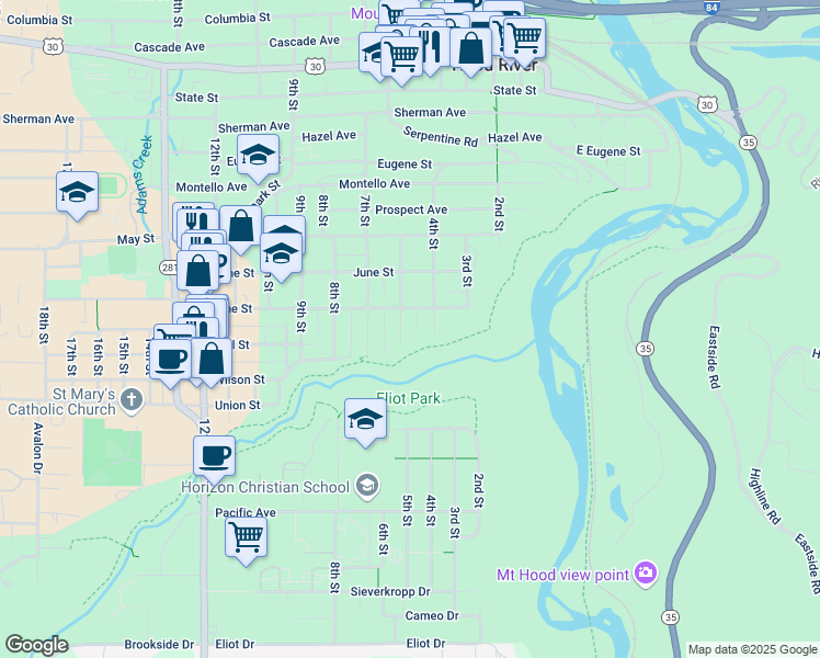 map of restaurants, bars, coffee shops, grocery stores, and more near 405 Pine Street in Hood River