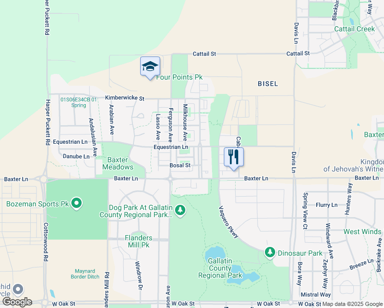 map of restaurants, bars, coffee shops, grocery stores, and more near 3886 Equestrian Lane in Bozeman