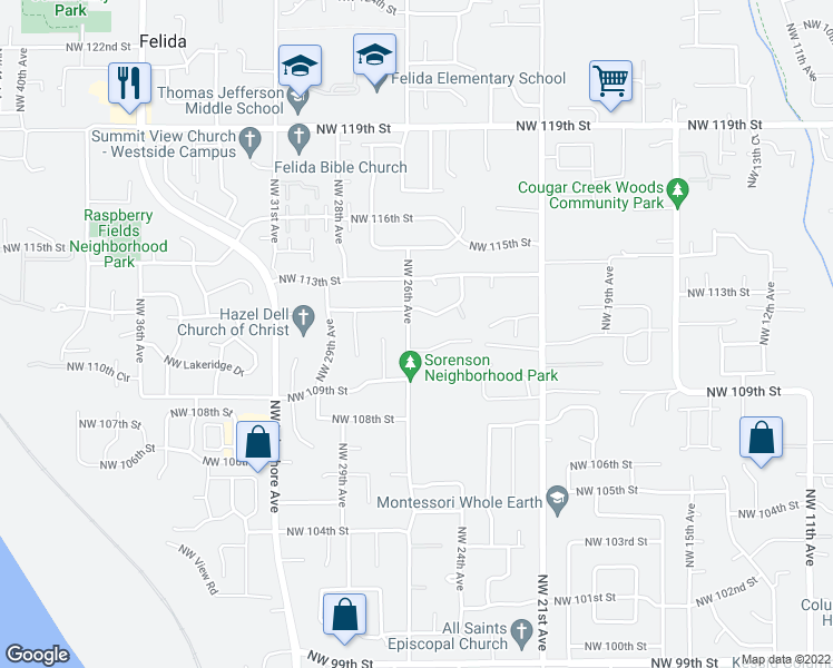 map of restaurants, bars, coffee shops, grocery stores, and more near 11107 Northwest 26th Avenue in Vancouver