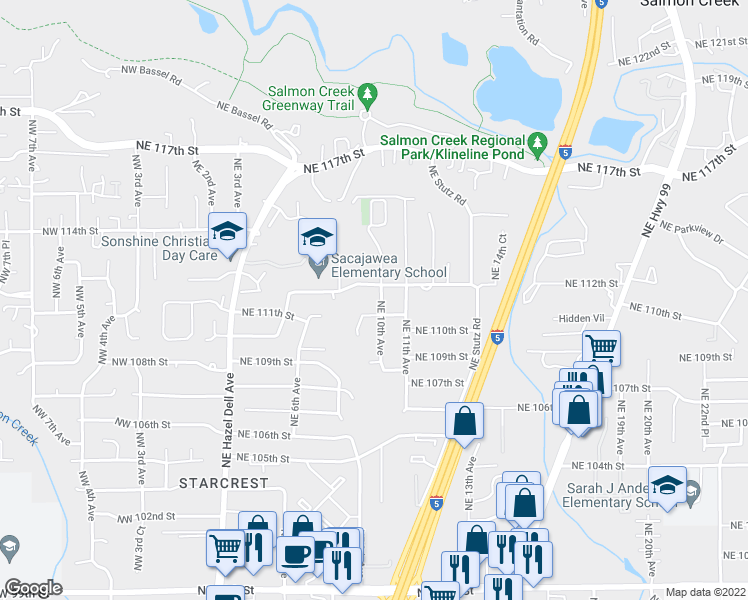 map of restaurants, bars, coffee shops, grocery stores, and more near 11100 Northeast 10th Avenue in Vancouver