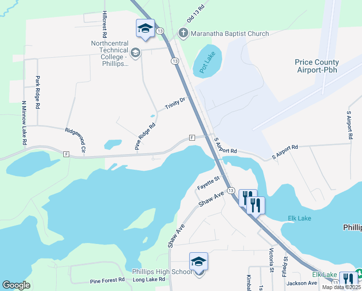 map of restaurants, bars, coffee shops, grocery stores, and more near 125 County Road F in Phillips