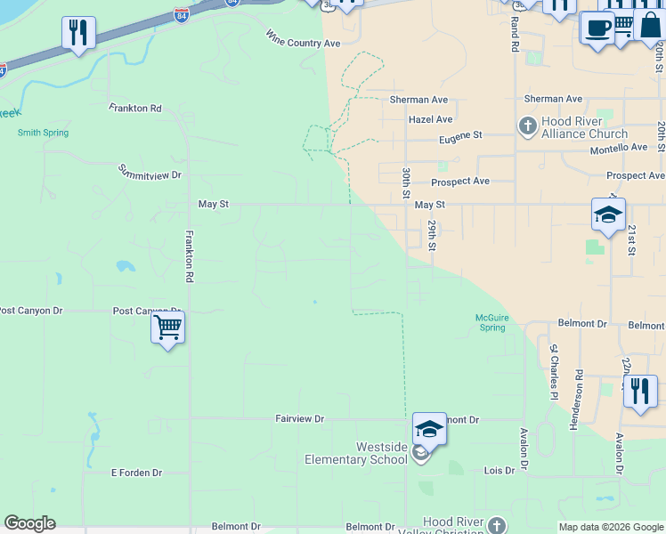 map of restaurants, bars, coffee shops, grocery stores, and more near 610 Rocky Road in Hood River