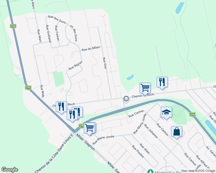 map of restaurants, bars, coffee shops, grocery stores, and more near 3770 Rue Guy in Terrebonne