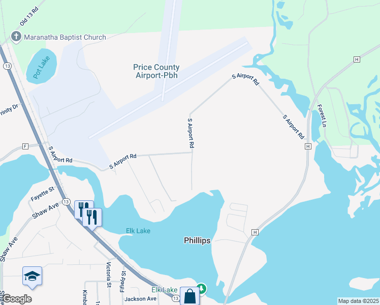 map of restaurants, bars, coffee shops, grocery stores, and more near Bayview Drive in Phillips