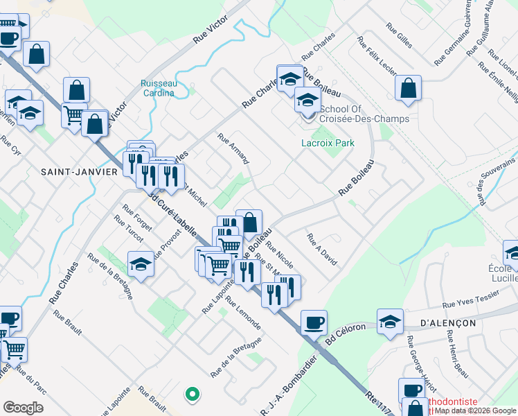 map of restaurants, bars, coffee shops, grocery stores, and more near 18246 Rue de la Promenade in Mirabel