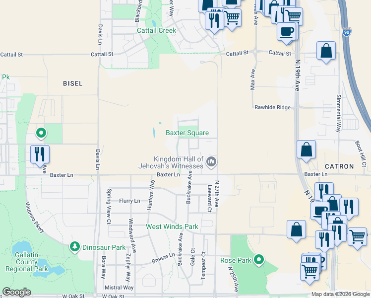 map of restaurants, bars, coffee shops, grocery stores, and more near 2781 Renee Way in Bozeman