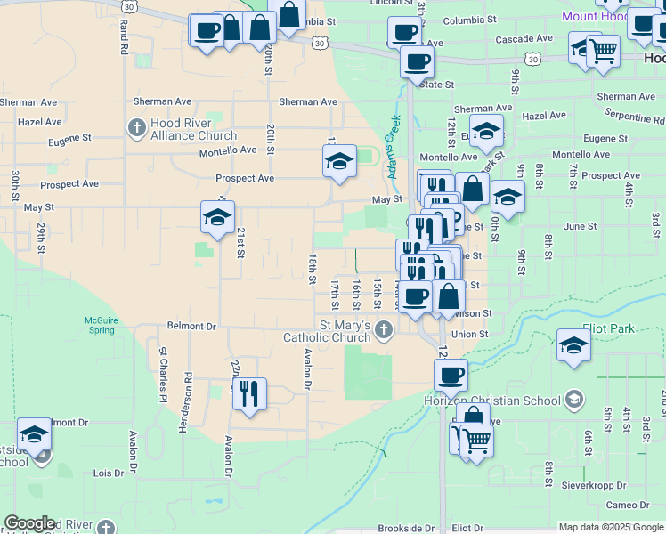 map of restaurants, bars, coffee shops, grocery stores, and more near 1614 C Street in Hood River