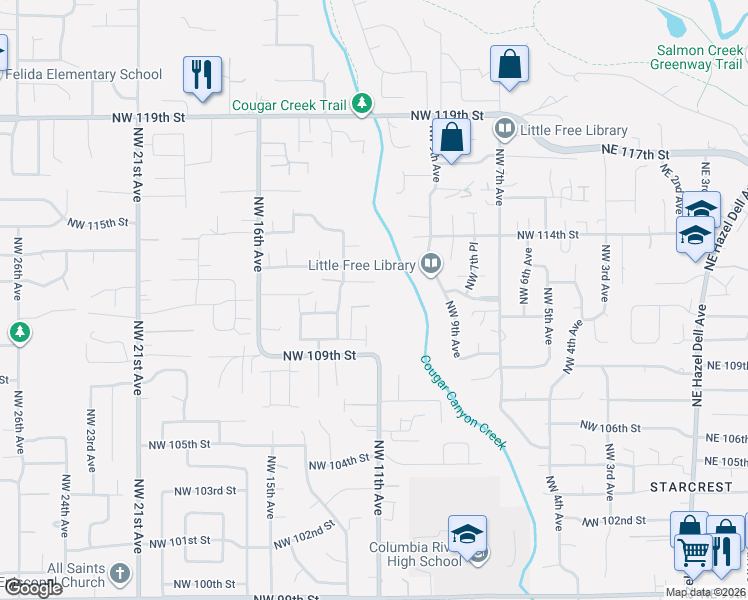 map of restaurants, bars, coffee shops, grocery stores, and more near 1023 Northwest 112th Street in Vancouver