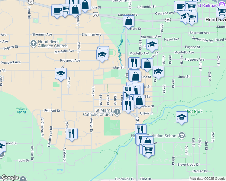 map of restaurants, bars, coffee shops, grocery stores, and more near 1506 C Street in Hood River