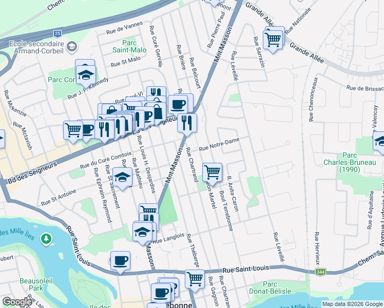 map of restaurants, bars, coffee shops, grocery stores, and more near 430 Rue Notre Dame in Terrebonne