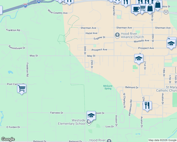 map of restaurants, bars, coffee shops, grocery stores, and more near 2934 Talon Avenue in Hood River