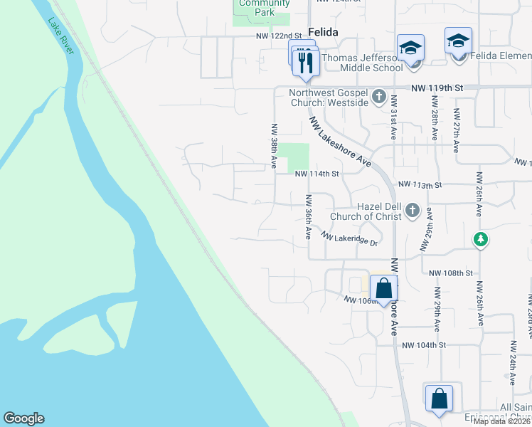 map of restaurants, bars, coffee shops, grocery stores, and more near 11110 Northwest 38th Avenue in Vancouver