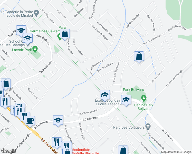 map of restaurants, bars, coffee shops, grocery stores, and more near 61 Rue des Souverains in Blainville