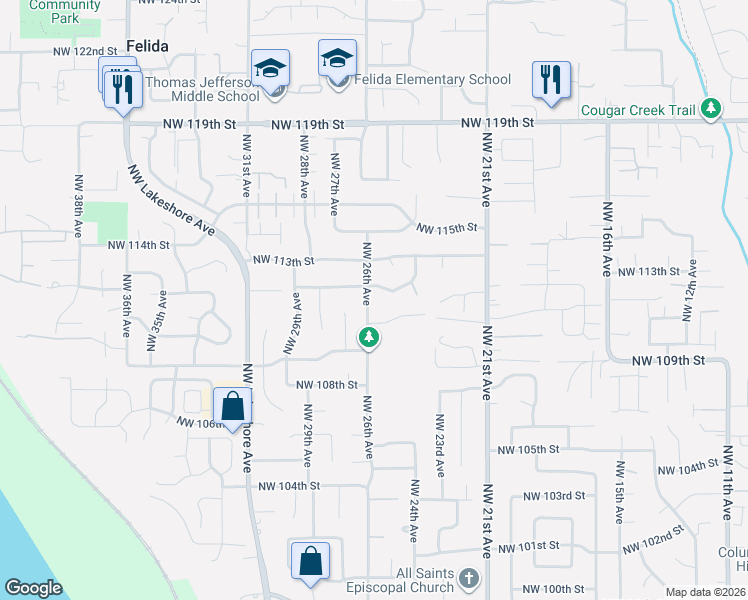 map of restaurants, bars, coffee shops, grocery stores, and more near 11115 Northwest 26th Avenue in Vancouver