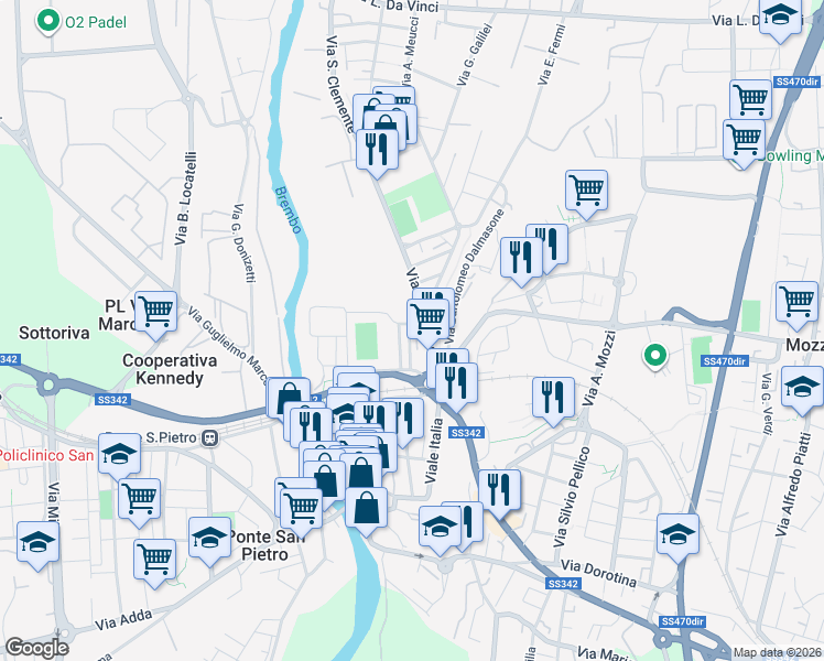 map of restaurants, bars, coffee shops, grocery stores, and more near 10 Via Galizzi in Ponte San Pietro