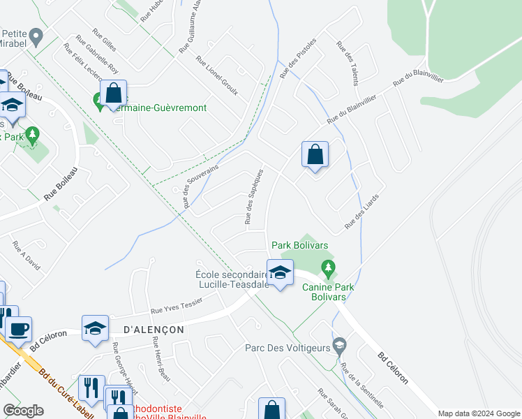 map of restaurants, bars, coffee shops, grocery stores, and more near 20 Rue du Blainvillier in Blainville