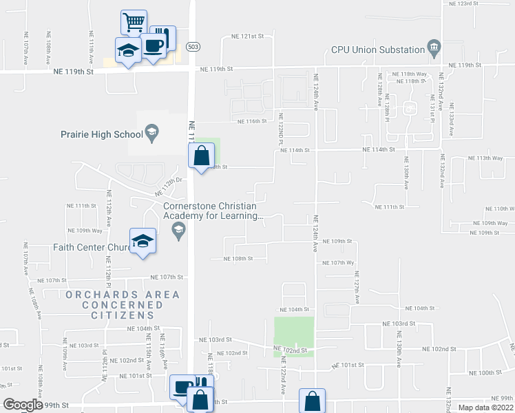 map of restaurants, bars, coffee shops, grocery stores, and more near 12009 Northeast 111th Street in Vancouver